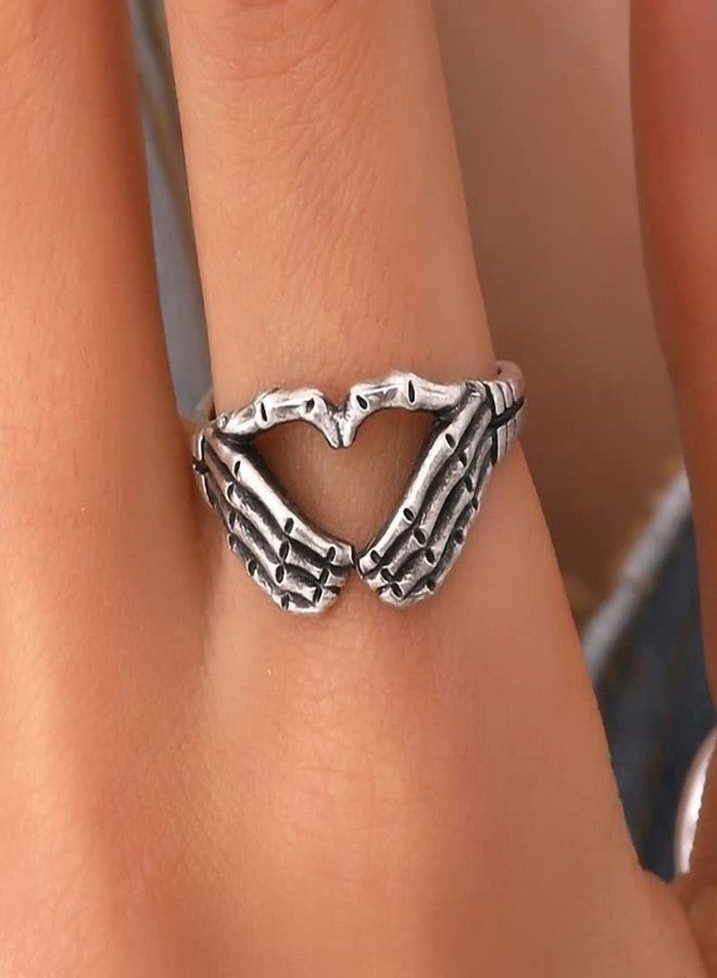 FORUBUS Retro Skull Hand Heart Ring Gothic Style Love Heart Gesture Skeleton Hand Ring for Rock Biker Halloween Trick Costume Jewelry (7.5) - Image 2